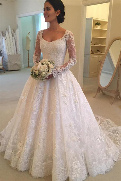 Luxury Lace and Tulle Illusion Sleeve Ball Gown Wedding Dress
