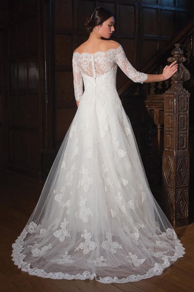 A-Line 3-4-Sleeve Off-The-Shoulder Lace&Tulle Wedding Dress With Illusion