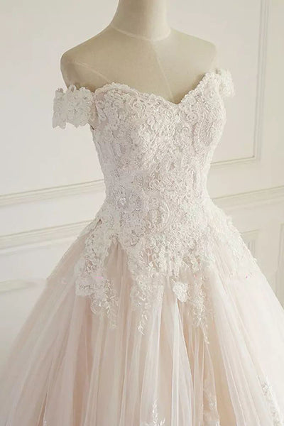 A-line Off-the-shoulder Sleeveless Floor-length Chapel Train Lace Tulle Wedding Dress with Pleats