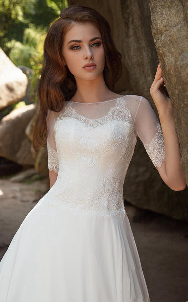Ball Gown Long Bateau Short-Sleeve Illusion Chiffon Dress With Lace