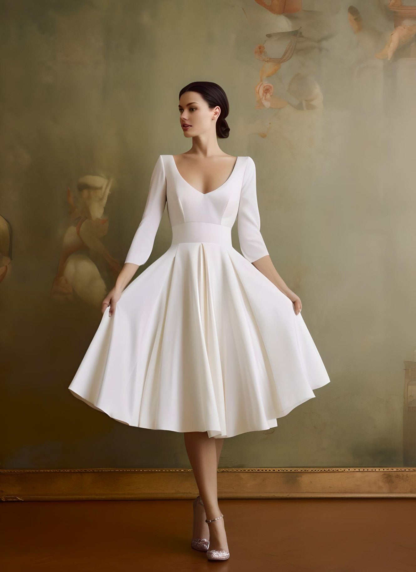 Vintage A-Line V-neck Satin Knee-length Wedding Dress Beach Country Garden Court Simple Elegant Casual Sleeveless-MW_700005 Vintage A-Line V-neck Satin Knee-length Wedding Dress Beach Country Garden Court Simple Elegant Casual Sleeveless-MW_700005