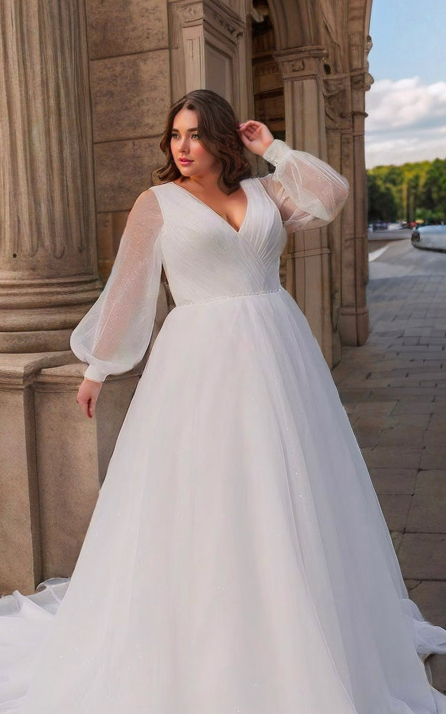 Elegant Minimalist Plus Size Long Sleeves Wedding Dress Modest Casual A-Line V-Neck Tulle Bridal Gown Elegant Minimalist Plus Size Long Sleeves Wedding Dress Modest Casual A-Line V-Neck Tulle Bridal Gown