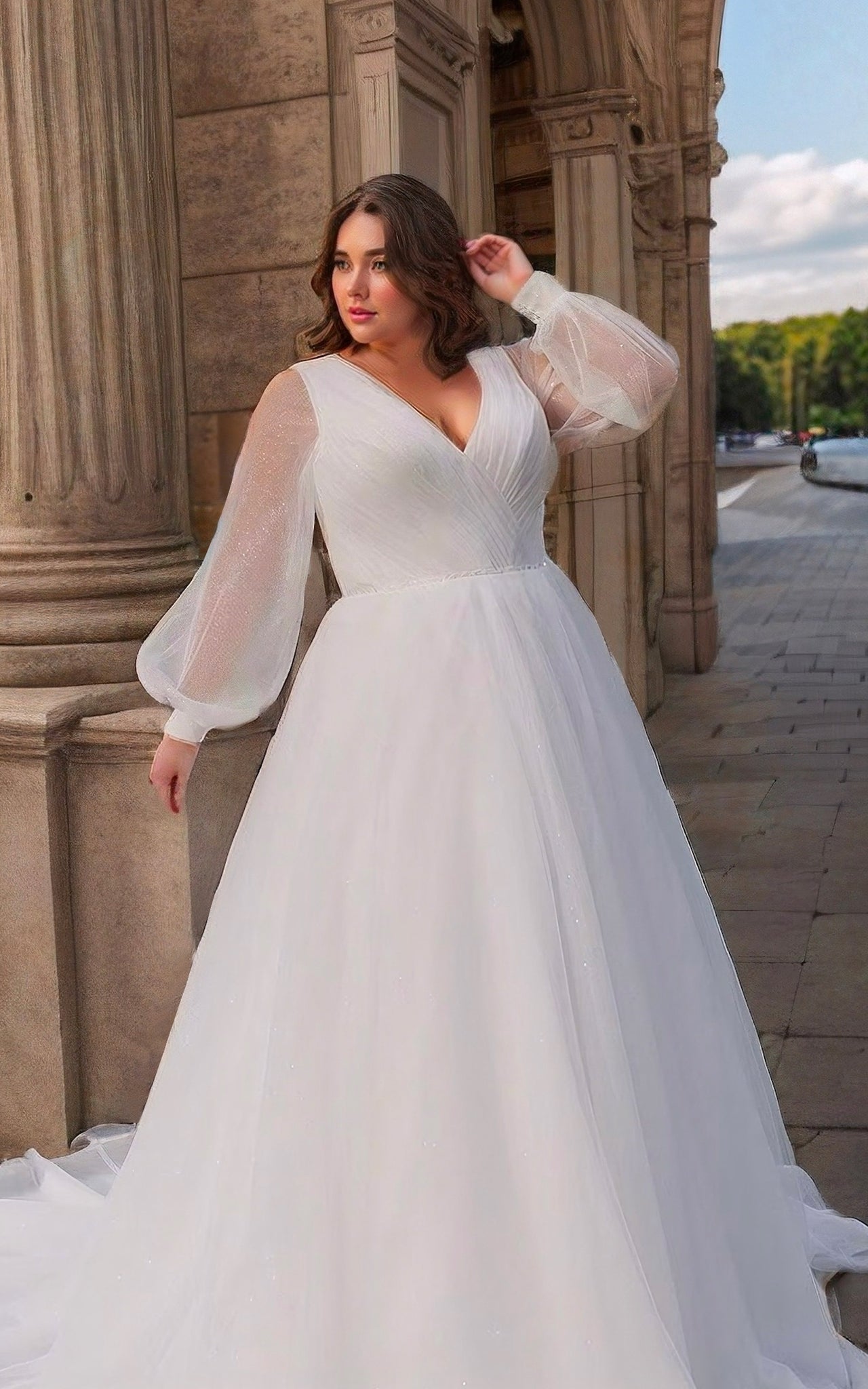 Elegant Minimalist Plus Size Long Sleeves Wedding Dress Modest Casual A-Line V-Neck Tulle Bridal Gown Elegant Minimalist Plus Size Long Sleeves Wedding Dress Modest Casual A-Line V-Neck Tulle Bridal Gown