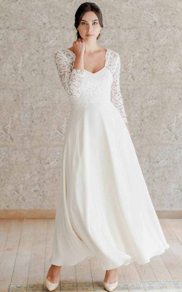 Romantic A Line Ankle-length 3/4 Length Sleeve Chiffon Queen Anne Wedding Dress