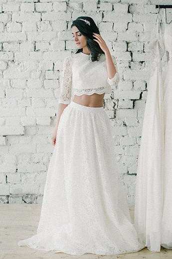 Jewel-Neck Lace 3-4-Sleeve Two-Piece A-Line Wedding Dress