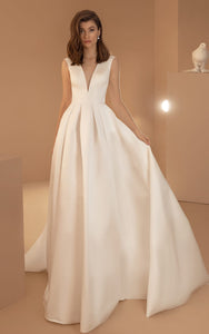 Simple Ball Gown V-neck Satin Sleeveless Floor-length Wedding Dress with Pockets and Sweep Train 