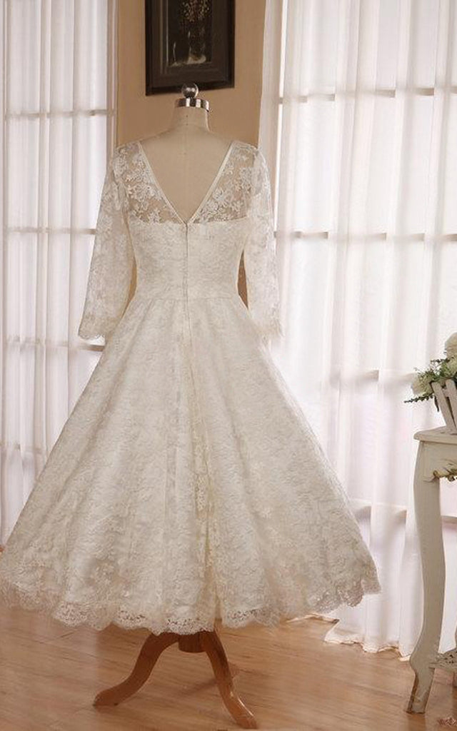 Jewel 3 4 Length Sleeve Low V Back Tea Length Lace Wedding Dress-71118 DorrisDress Jewel 3 4 Length Sleeve Low V Back Tea Length Lace Wedding Dress-71118 DorrisDress