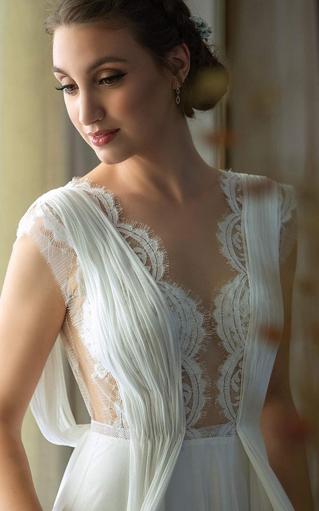 Greek A-Line Plunging Neckline Chiffon Lace Wedding Dress With Open Ba DorrisDress Greek A-Line Plunging Neckline Chiffon Lace Wedding Dress With Open Ba DorrisDress
