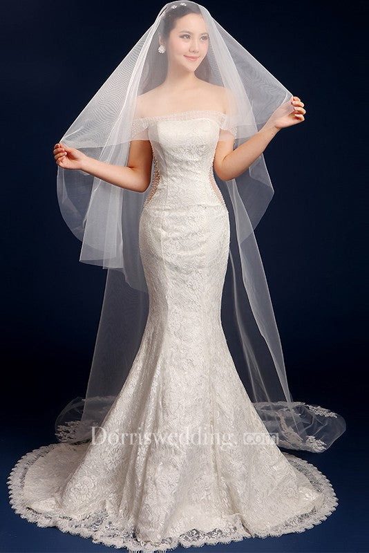 Beautiful Korean Cathedral Wedding Veil with Lace Edge and Appliques