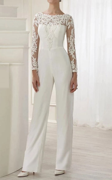 Two Piece Bateau Neckline Satin Wedding Dress Jumpsuit Elegant Romantic Garden With Illusion Long Sleeves And Appliques
