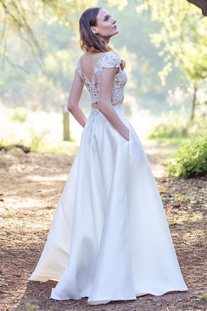 V-Neck Cap-Sleeve Two-Piece A-Line Satin Wedding Dress With Appliques-715061 V-Neck Cap-Sleeve Two-Piece A-Line Satin Wedding Dress With Appliques-715061