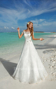 A-Line Long Off-The-Shoulder Short-Sleeve Corset-Back Lace Dress With Bow And Sash