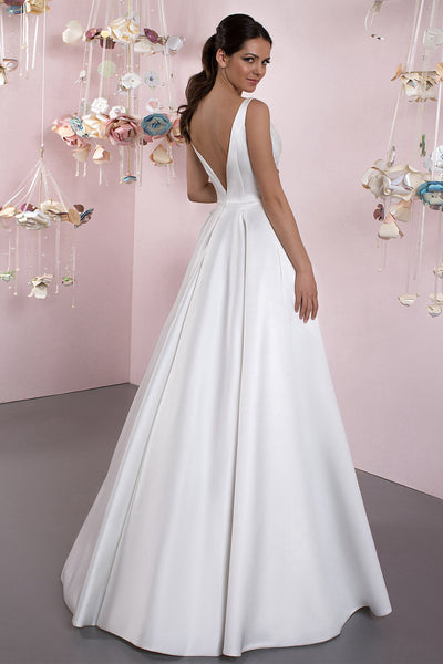 Ball-Gown Bateau Lace Sleeveless Floor-Length Satin Wedding Dress With Deep-V Back And Pleats