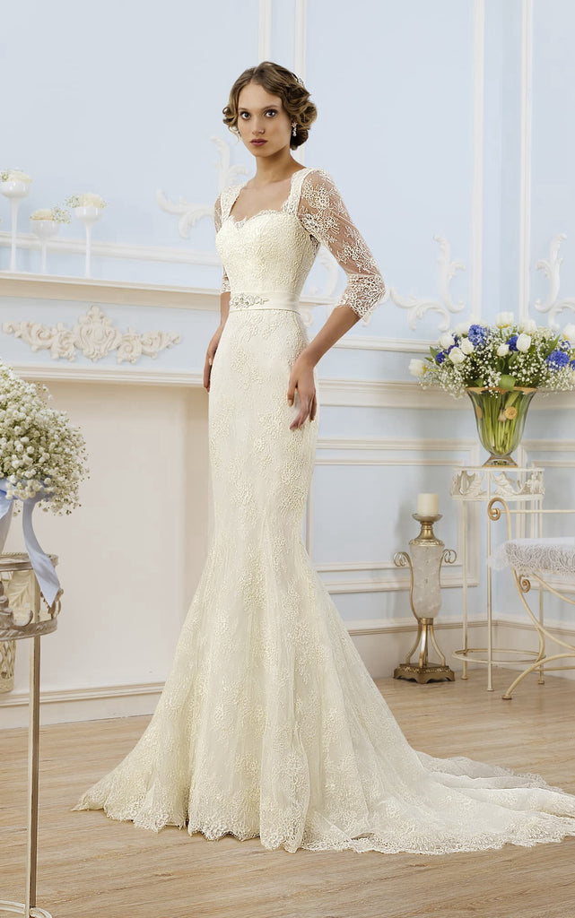 Sheath Long Square Illusion-Sleeve Keyhole Lace Dress With Ribbon-7143 DorrisDress Sheath Long Square Illusion-Sleeve Keyhole Lace Dress With Ribbon-7143 DorrisDress
