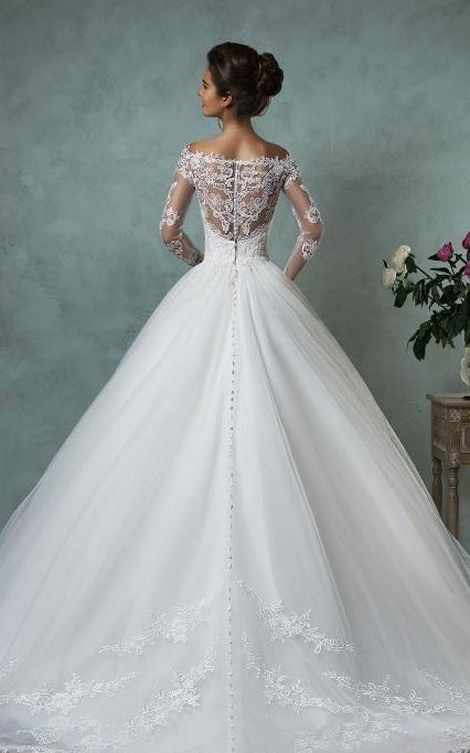 A-Line Ball Gown Empire Mini Jewel V-Neck Long Sleeve Bell Empire Dropped Appliques Court Train Backless Tulle Lace Dress A-Line Ball Gown Empire Mini Jewel V-Neck Long Sleeve Bell Empire Dropped Appliques Court Train Backless Tulle Lace Dress