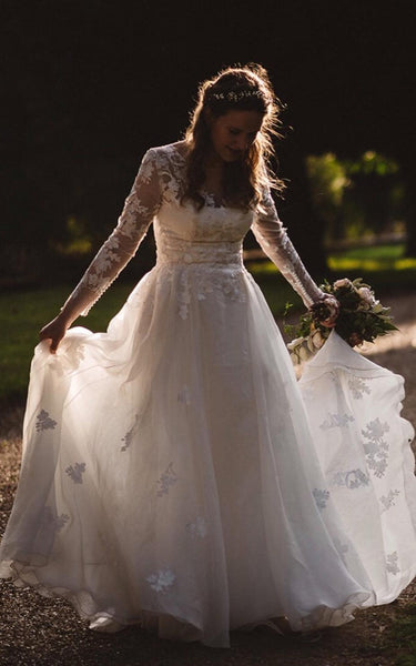 Bateau A-Line Tulle Elegant Wedding Dress With Long Illusion Sleeve Appliques