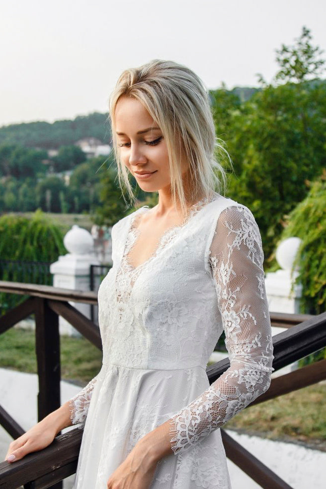 champagne grad dress Sexy Short Lace Long Sleeve Wedding Dress With Deep V-Neck-715692 –  DorrisDress