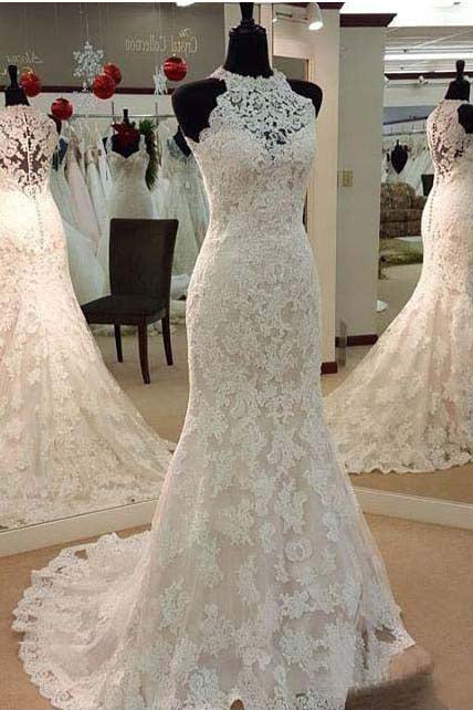Vintage Illusion High Neck Halter Sleeveless Full Lace Mermaid Wedding Gown