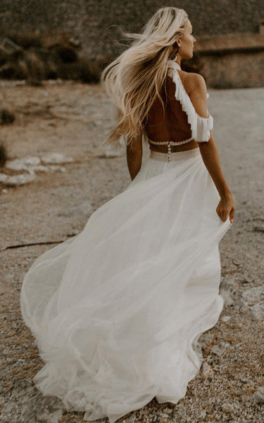 Grecian A-Line Off-the-shoulder Tulle Wedding Dress With Halter Neckline And Sash