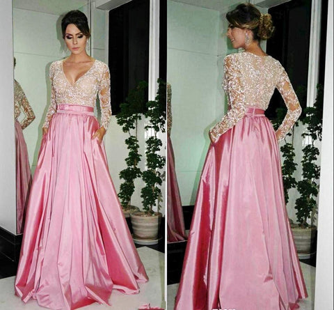 Elegant A-Line V-neck Prom Dresses Long Sleeve Evening Dresses With Beadings