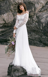 Simple Off-the-shoulder A Line Lace Tulle Long Sleeve Floor-length Wedding Dress with Sweep Train