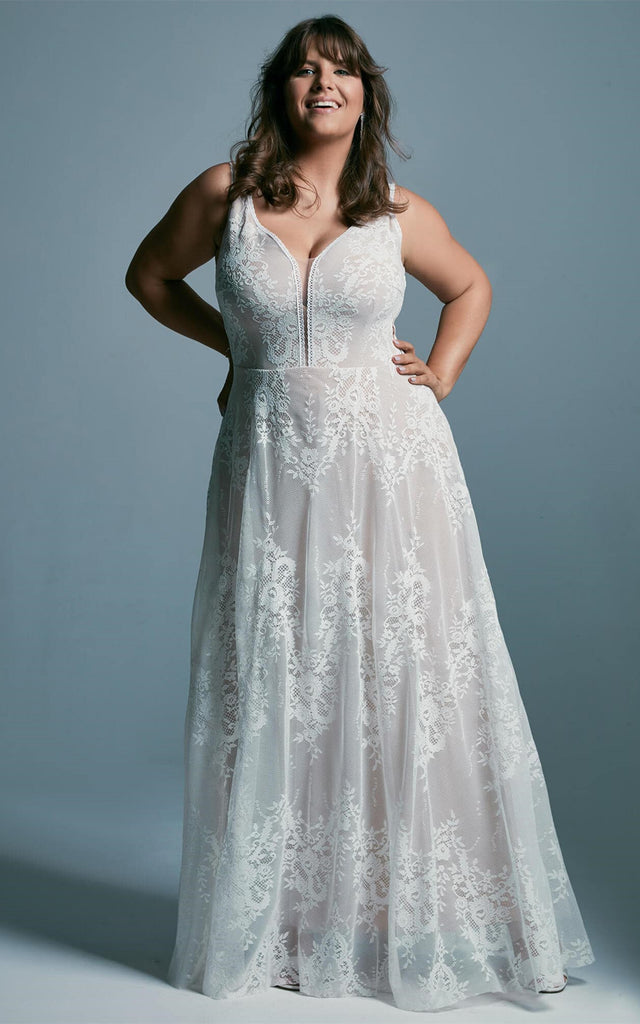 Ethereal Bohemian Plus Size A Line Lace Wedding Dress with Ruching-716