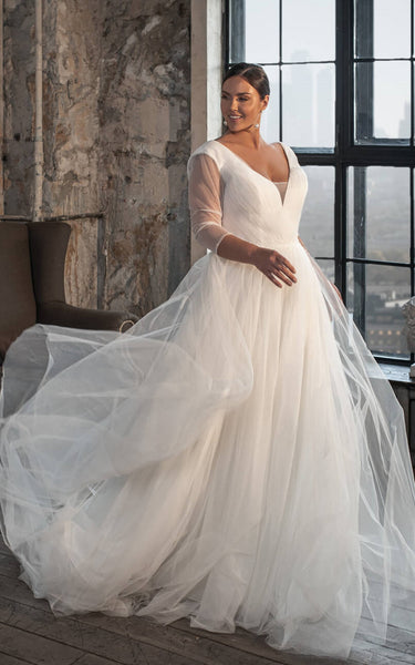 Casual V-neck A Line Tulle Court Train Wedding Dress with Ruching