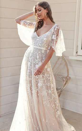 2024 A-Line Tulle Half Sleeve Wedding Dress Country Garden Floor-length Sweep Train V-neck Casual Bohemian Elegant-716821 2024 A-Line Tulle Half Sleeve Wedding Dress Country Garden Floor-length Sweep Train V-neck Casual Bohemian Elegant-716821