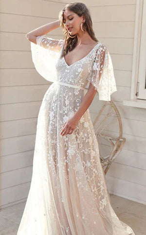 2023 A-Line Tulle Half Sleeve Wedding Dress Country Garden Floor-length Sweep Train V-neck Casual Bohemian Elegant