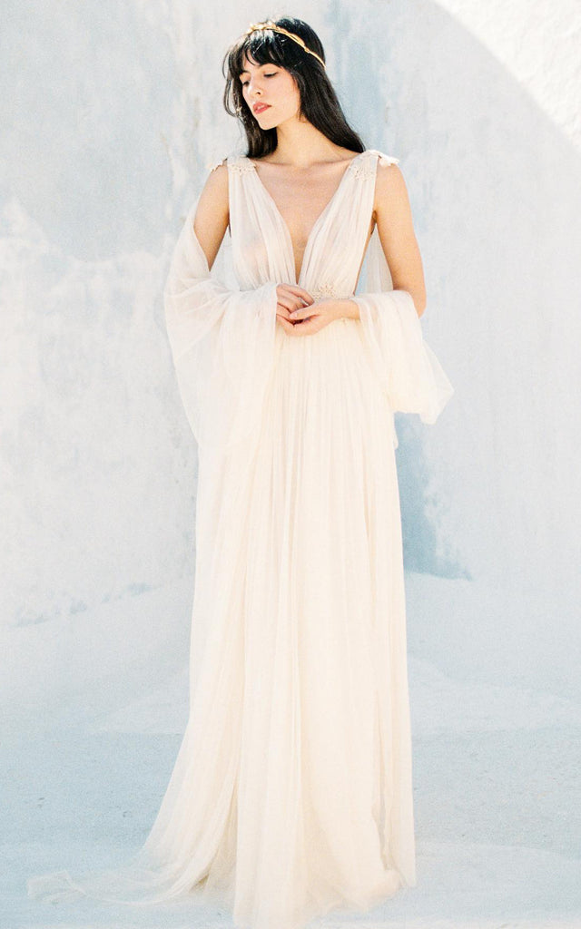 Grecian Plunging Neckline A-Line Tulle Wedding Dress With Low-V Back A – DorrisDress