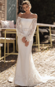 Elegant Off-the-shoulder Long Sleeve Sweep Train Floor-Length Mermaid Wedding Dress With Sash