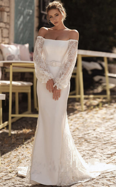 Elegant Off-the-shoulder Long Sleeve Sweep Train Floor-Length Mermaid Wedding Dress With Sash