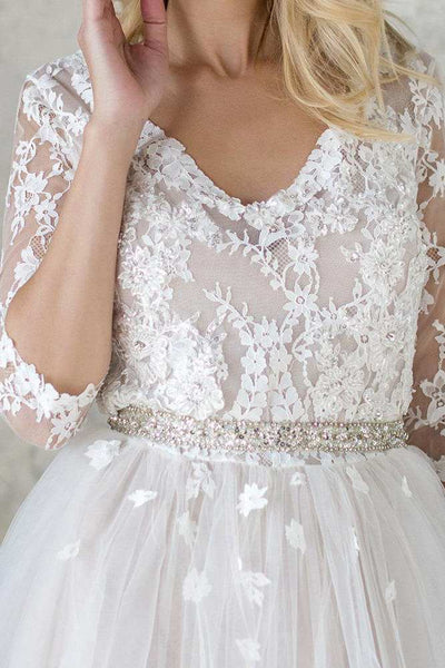 V-Neck 3-4 Length Sleeve Tulle Sequins Satin Beaded Lace Wedding Dress