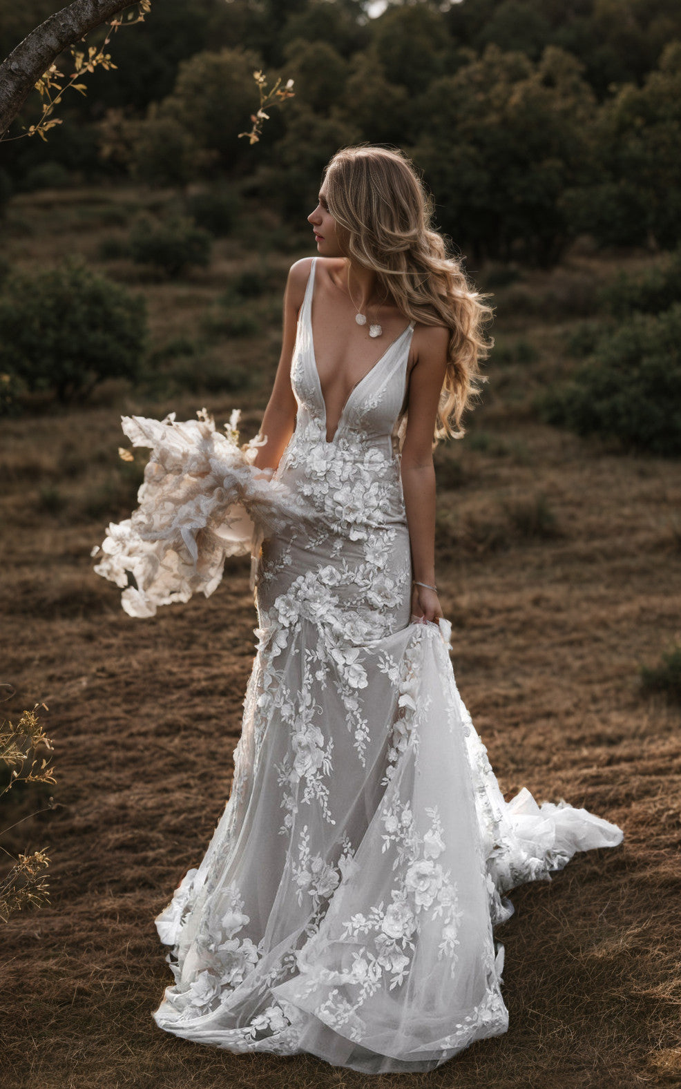 Elegant Country Floral Mermaid Boho Lace Wedding Dress Beach Plunging DorrisDress Elegant Country Floral Mermaid Boho Lace Wedding Dress Beach Plunging DorrisDress