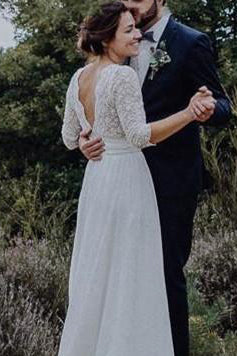Boho Chiffon and Lace Scalloped 3/4 Sleeve Wedding Dress with V Back