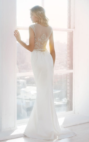 Shimmering Cap Sleeve Charmeuse Dress With Beaded Embroidered Sheer Back