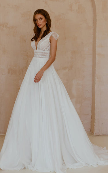 Bohemian Short Sleeve Chiffon Lace V-neck A Line Floor-length Wedding Dress with Sweep Train