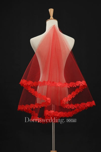 Simple Red Fingertip Tulle Wedding Veil with Lace Edge