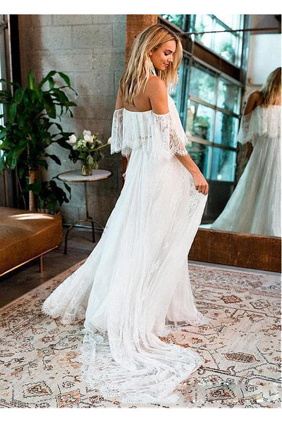 A-Line Tulle Off-The-Shoulder Floor-Length Wedding Dress With Short Sleeve