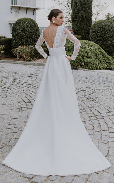 A-Line V-neck Simple Chiffon Beach Wedding Dress With Illusion Back And Chapel Train
