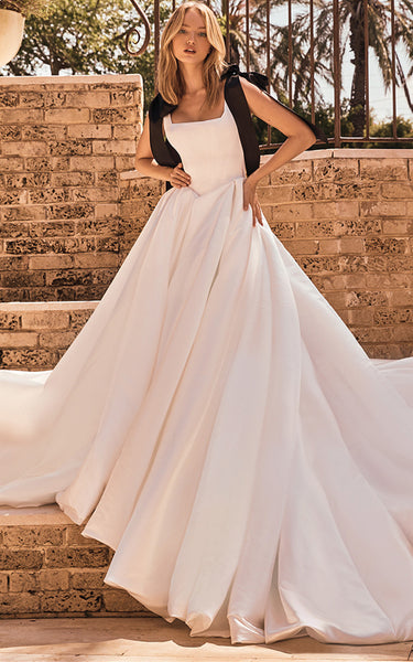 Modern Ball Gown Square Neck Satin Wedding Dress with Ruching