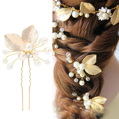 Women's Hair Clip Leaf Rhinestone Faux Pearls Hairpin Bridal Bobby Pin Jewelry