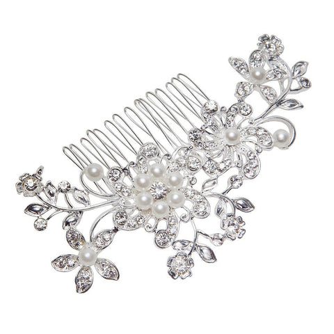 Women Bridal Wedding Flower Diamante Crystal Rhinestones Pearls Hair Clip Comb