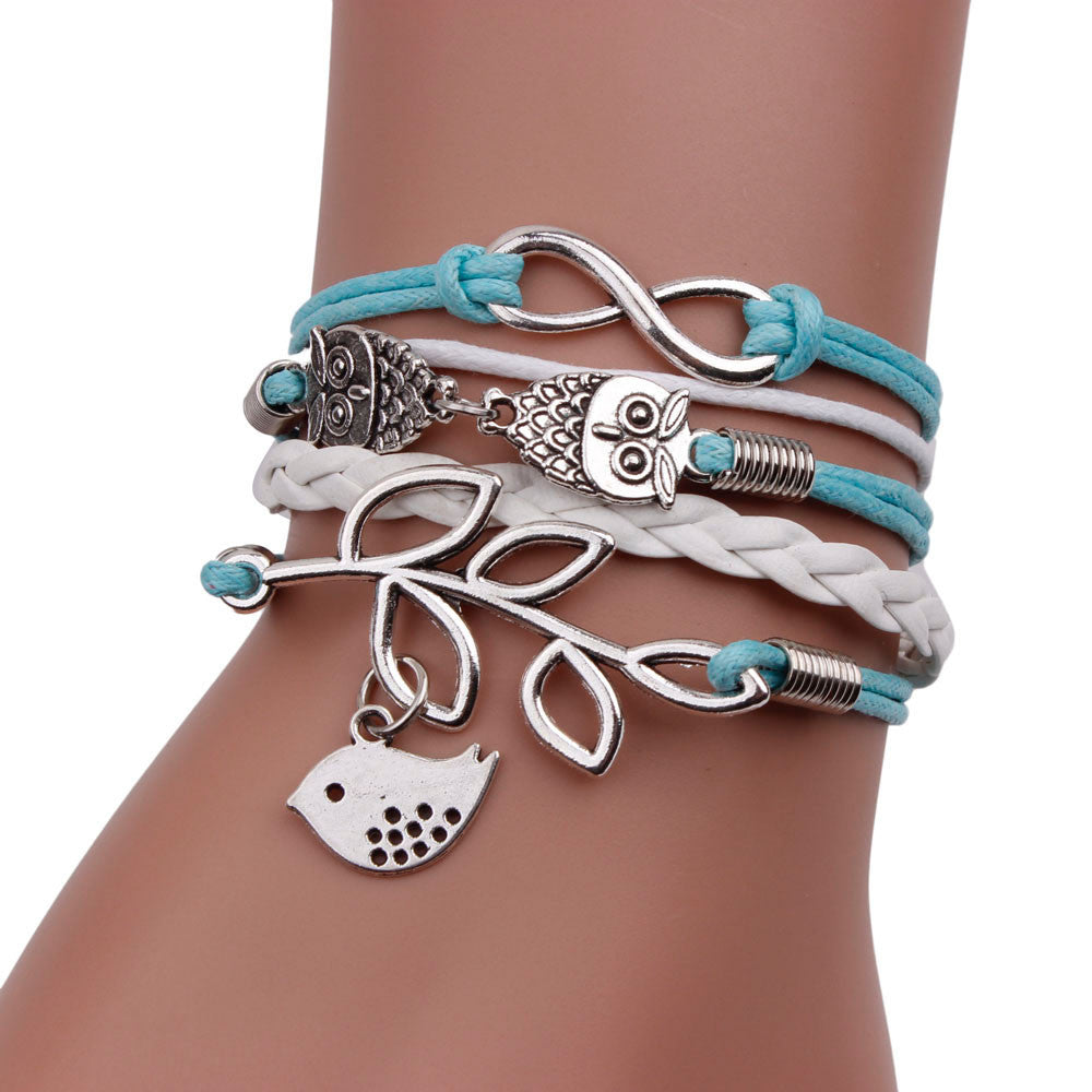 Handmade Infinity Silver 8 Owl Leaf Bird Leather Bracelet Wristband