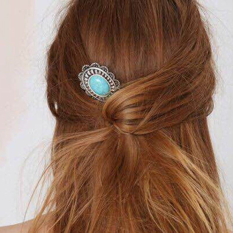 Fashion Women Retro Turquoise Alloy Sunflower Barrette Hair Pin Comb