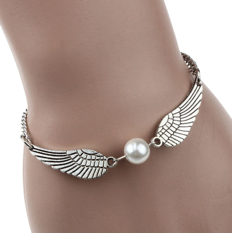 Silver Infinity Retro Pearl Angel Wings Jewelry Dove Peace Bracelet SL