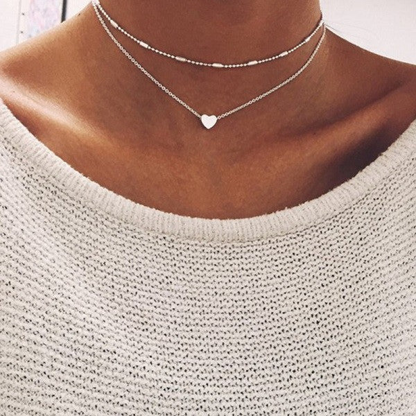Love Heart Necklaces & Pendants Double Chain Choker Necklace