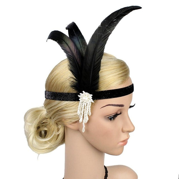 Black Feather 1920s Flapper Headpiece Beaded Charleston Headband Retro Style Roaring 20s Vintage Great Gatsby Hair Accessories