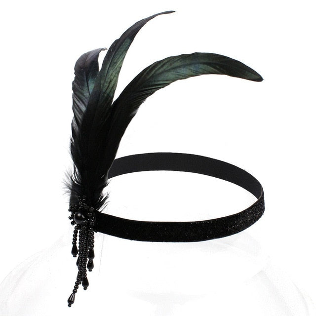 Black Feather 1920s Flapper Headpiece Beaded Charleston Headband