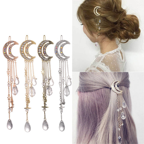 Moon Crystal Rhinestone Beads Dangle Hairpin Hair Clip Women Bridal Jewelry